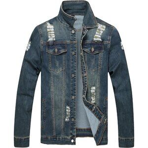 Men's Jean Jacket Distressed Slim Denim Jacket Long Sleeve Button Down Blue2804